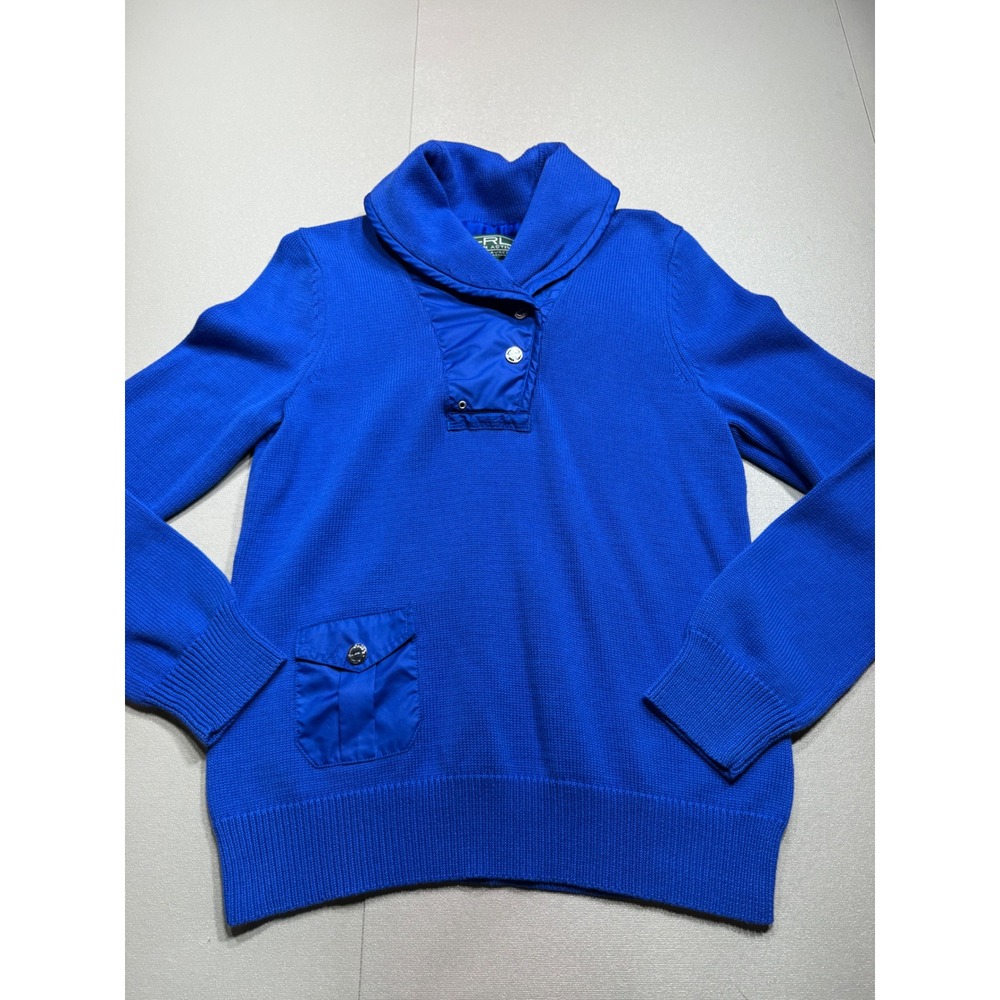 Lauren Ralph Lauren Active Blue Shawl Collar Snap Knit Sweater Womens Large